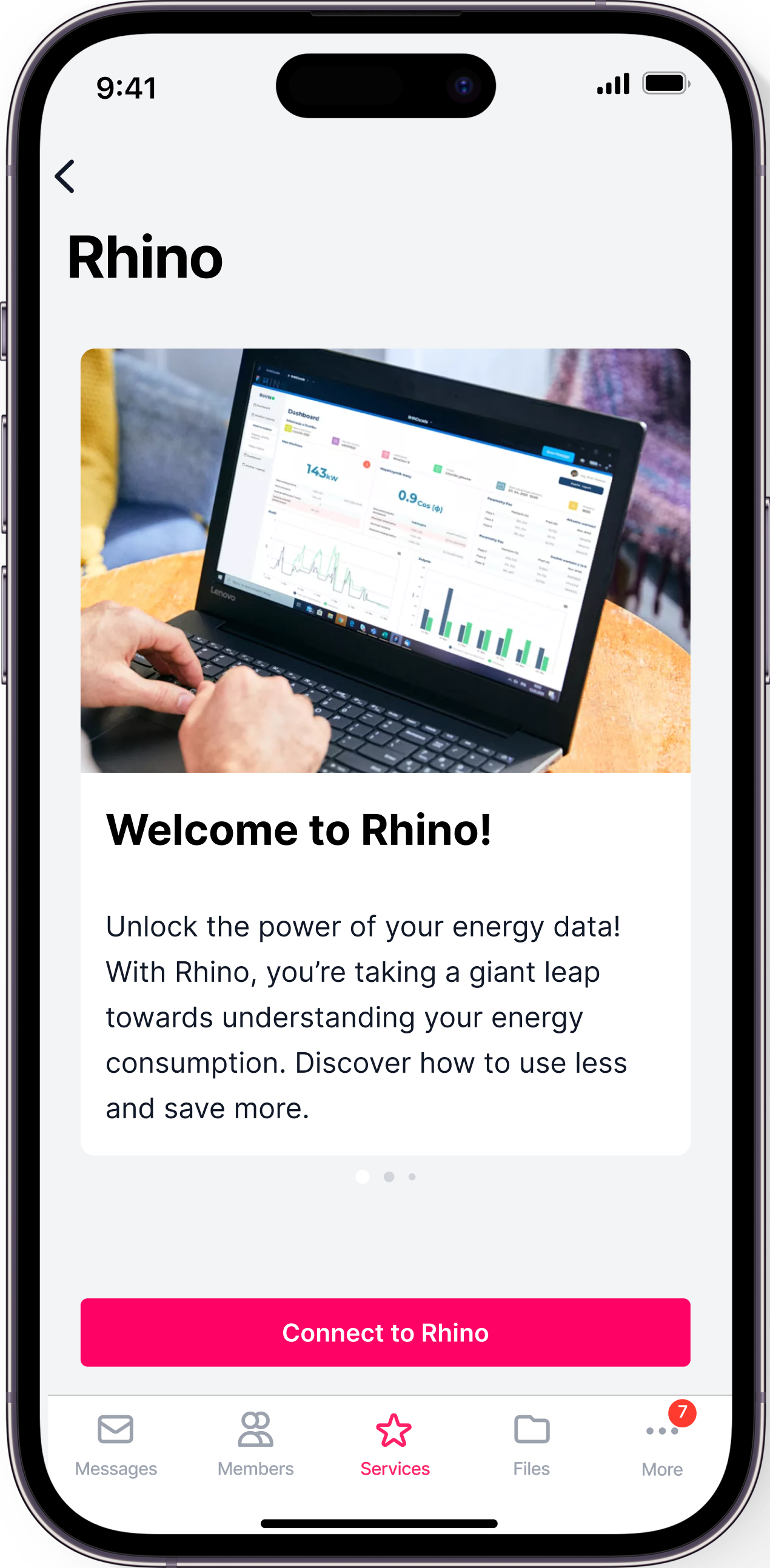 Welcome to Rhino. Connect your energy data inside the Chainels app